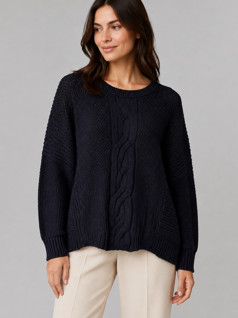 Tommy Hilfiger Dark Navy Cable-Front Crewneck Sweater